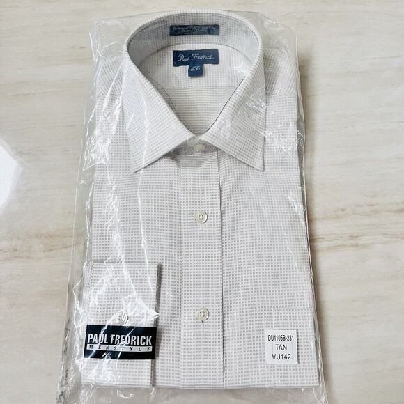 Paul Fredrick Dress Shirt 16-32 Tan Plaid Imperial 100’s 2 Ply Cotton Dobby - Picture 1 of 5